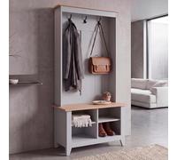 Mendler HWC-P28 - Perchero de pie (3 ganchos, 4 compartimentos, melamina, 170 x 76 x 39 cm), color gris claro