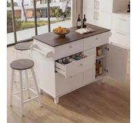 Mendler Isla de cocina HWC-P62 con 2 taburetes, armario de cocina, cajones, compartimentos de almacenamiento de madera DM, 90 x 131 x 47 cm, color blanco, madera oscura