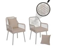 Mendler Juego de 2 sillas de jardín HWC-O12, cojines para asiento y respaldo de exterior, cuerda trenzada de aluminio, color crema