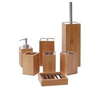 Mendler Juego de 7 piezas de baño HWC-A90, escobilla de baño, set de accesorios de baño, dispensador de jabón, soporte para cepillo de dientes, jabonera, bambú