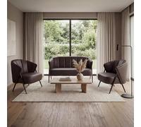 Mendler Juego de salón HWC-P30, 2 sofás y 2 sillones, vintage, retro, industrial, metal, piel sintética, color marrón oscuro