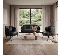 Mendler Juego de salón HWC-P30, 2 sofás y 2 sillones, vintage, retro, industrial, metal, piel sintética, color negro