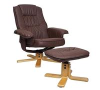 Mendler M56 - Sillón de relax con taburete otomano, piel sintética, madera de eucalipto, certificado FSC, color rojo y marrón