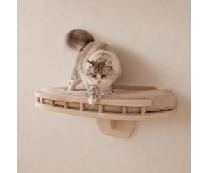 Mendler Muro de escalada HWC-Q55 - Natural, cojín beige | Plataforma para gatos, cama para gatos, madera, MVG, 20 x 44 x 28 cm
