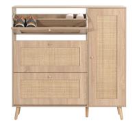 Mendler Zapatero de ratán HWC-M37, zapatero, 3 compartimentos basculantes, 2 estantes, 127 x 120 x 24 cm, madera de melamina, aspecto de roble