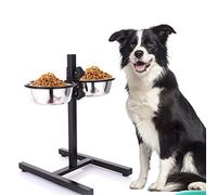 Mengda - Comedero con cuencos de acero inoxidable para gatos, comedero para perros regulable en altura (negro, E 43 x 28 x 3 - 41) cm)