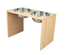 Mengda - Comedero con cuencos de acero inoxidable para gatos, comedero para perros regulable en altura (color de madera, D 43 x 24,5 x 7,3 - 27,8)