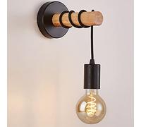 Mengjay Aplique de madera vintage, lámpara de pared industrial retro con base de metal redonda, lámpara de pared colgante negra para interior E27 para dormitorio, sala de estar (Negro)