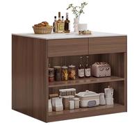 MENGLI-2024 Mesa de Isla Isla de Cocina Madera con estantes Ajustables Tapa Piedra y Almacenamiento manija Oculta(Bruin,Pequeño)