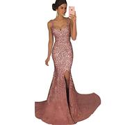 Mengmiao Lentejuelas Cabestrillo Fiesta Vestido Elegante Slim Cuello en V Vestido de Noche Cóctel Mujer (Pink, Asia L)