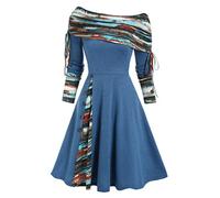 MENGQING Vestido convertible a rayas ceñidas acampanadas plegable con hombros descubiertos, vestidos de punto para mujer, manga larga, azul profundo 0501, M