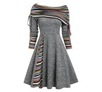 MENGQING Vestido convertible a rayas ceñidas acampanadas plegable con hombros descubiertos, vestidos de punto para mujer, manga larga, gris oscuro 0501, L