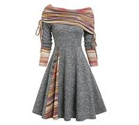 MENGQING Vestido convertible a rayas ceñidas acampanadas plegable con hombros descubiertos, vestidos de punto para mujer, manga larga, gris claro 0501, XXL