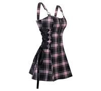 MENGQING Vestido gótico a cuadros con cordones y media cremallera acampanado, mini vestidos sexys para mujer, vestidos sin mangas, rosa claro, M