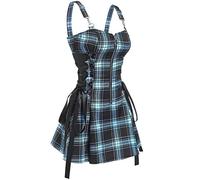 MENGQING Vestido gótico oscuro a cuadros para mujer, cintura alta, ajustado, verano, vintage, punk, harajuku, Lolita, ropa de calle, mini-azul, XL