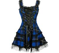 MENGQING Vestido vintage a cuadros gótico para mujer, estilo grunge, estético, con ribete de encaje, mini vestido punk sexy, azul, talla S