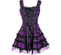 MENGQING Vestido vintage a cuadros gótico para mujer, estilo grunge, estético, con ribete de encaje, mini vestido punk sexy, morado, S