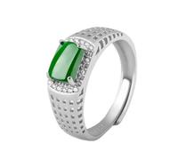 Mengsiy Anillo de jade con incrustaciones de plata esterlina S925 hombres, anillo con sello de piedra preciosa cuadrada de jade verde natural, anillo único hecho a mano