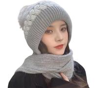MENGYSM Integrated Ear Protection Windproof Cap Scarf,Women Winter Hat Scarf All in One,Warm Knit Cap Snow Ski Beanie Hat with Pompom