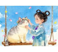 mengzhiyi Kits de Punto de Cruz Estampados, Gato y Chica Patrone Cuadro Kit Punto de Cruz,11CT 40x50cm, Kit de Bordado para Bricolaje