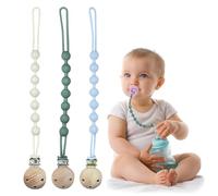 Menibeuty ganchos para chupete de silicona, 3 Pcs Porta Chupetes Seguro y Duradero Bebé con Cadena para chupete de silicona Flexible y de Tacto Agradable Azul cielo Blanco roto Verde oliva