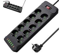 Menibeuty Regleta de 10 enchufes con USB-C y PD, toma de corriente múltiple, regleta, enchufe de esquina, toma de corriente, montaje en pared, enchufe múltiple con cable de extensión de 2 m, color