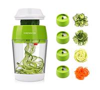 MENNYO Cortador de Verdura 4 en 1, Espiralizador de Verduras con Contenedor Mandolina de Cocina Profesional, Cortador de Patatas Spiralizer para Espaguetis de Calabacín, Zanahorias, Pepinos (verde)