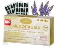 MENOPAUSIA COMPLEX 9 EN 1 con Vitaminas B6, B12 y D3 | Control de Sofocos | Alivia el Hinchazón Abdominal | Sin Soja ni Conservantes | 3 Meses de Tratamiento | 180 Cápsulas Veganas | Lazarraga