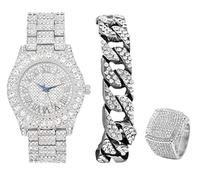 Mens Big Rocks Bisel - Dial con números romanos totalmente helado reloj w/pulsera de cadena cubana y anillo - ST10327SET3PC, Plata/plateado, 11, ST10327SET3PC (11, plata)