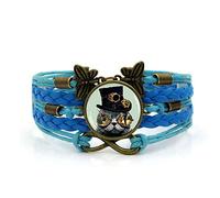 Mens Bracelets,Blue Rope Steampunk Hat Cat Animal,Time Gemstone Multi-Layer Hand-Woven Glass Combination Jewelry Ladies Fashion European and American Jewelry