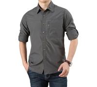 Mens Breathable Long Sleeve Shirts UV Protection Outdoor Shirts Breathable Button-Down Shirt Wicking Quick Drying Safari Shirt with Pockets for Hiking Fishing Golfing (Grey,XXL)