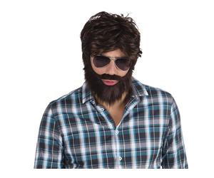 Mens Brown Hangover Wig Beard Moustache Kit Film Stag Do Party Fancy Dress Costu