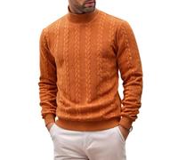 Mens Cable Knit High Neck Sweater Solid Color Long Sleeve Casual Pullover (Orange,XL)