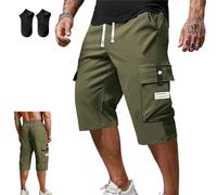 Men's Casual Drawstring Capri Cargo Pants,3/4 Length Long Drawstring Stretch Elastic Waist Shorts,Summer Casual Cargo Short (FR/ES, Letras, S, Regular, Regular, Green)