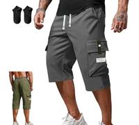 Men's Casual Drawstring Capri Cargo Pants,3/4 Length Long Drawstring Stretch Elastic Waist Shorts,Summer Casual Cargo Short (FR/ES, Letras, XL, Regular, Regular, Gray)