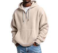 Men's Casual Solid Color Waffle Zipper Long Sleeve Hooded Sweatshirt, Zipper Casual Long Sleeve T-Shirt (S,Beige)