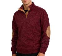 Men's Casual Stand Collar Quarter Button Solid Color Henley Sweatshirt Knitted Long Sleeve Pullover Elbow Patchwork Patches (Burgundy,L)