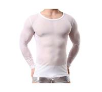 Men's Fashion Undershirt Transparent Nylon Mesh Long Sleeve Shirt Slim Fit Gay Party T-Shirt Underwear White M 1pc