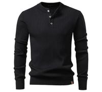 Mens Henley Sweater Lightweight Stretch Knit Slim Fit Pullover (Black,L)