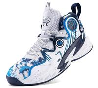Men's High Top Basketball Shoes - Lightweight Breathable Athletic Sneakers for Outdoor Streetball & Training, Anti-Slip Rubber Sole Casual Sport Shoes(White-Blue,44 EU)