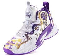 Men's High Top Basketball Shoes - Lightweight Breathable Athletic Sneakers for Outdoor Streetball & Training, Anti-Slip Rubber Sole Casual Sport Shoes(White-Purple,40 EU)