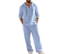 Men's Hooded Casual Loose Top & Pants 2-Piece Linen Set Long Sleeve Hoodie Henley Shirts Pants Summer Beach Lounge Outfits (Blue,XL)