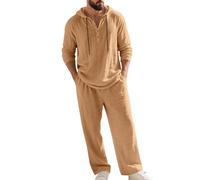 Men's Hooded Casual Loose Top & Pants 2-Piece Linen Set Long Sleeve Hoodie Henley Shirts Pants Summer Beach Lounge Outfits (Yellow,XL)