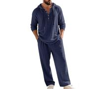 Men's Hooded Casual Loose Top & Pants 2-Piece Linen Set Long Sleeve Hoodie Henley Shirts Pants Summer Beach Lounge Outfits (Navy,XL)