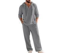 Men's Hooded Casual Loose Top & Pants 2-Piece Linen Set Long Sleeve Hoodie Henley Shirts Pants Summer Beach Lounge Outfits (Gray,3XL)