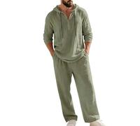 Men's Hooded Casual Loose Top & Pants 2-Piece Linen Set Long Sleeve Hoodie Henley Shirts Pants Summer Beach Lounge Outfits (Green,XXL)