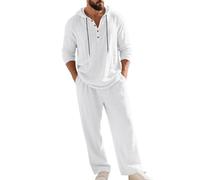 Men's Hooded Casual Loose Top & Pants 2-Piece Linen Set Long Sleeve Hoodie Henley Shirts Pants Summer Beach Lounge Outfits (White,3XL)