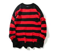 Mens Jumper Striped Hole Design Casual Mens Knitwear Loose Trend Long Sleeve Mens Sweater Round Neck Street Style Fashion Mens Sweater A-Red Black S