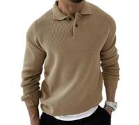 Men's Knitted Sweater Warm Comfortable Breathable Lapels Long Sleeves Pullover Temperament Casual Solid Color Knitwear W-Khaki XXL