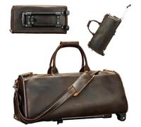 Men's Leather Duffle Bag with Wheels,Rolling Travel Duffel with Telescopic Handle,Rolling Garment Bag for Business Trips